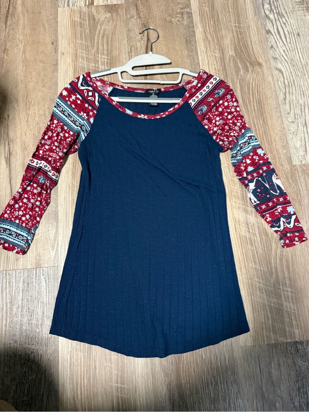 Rue21 Navy Ribbed Top with Red Floral Trim